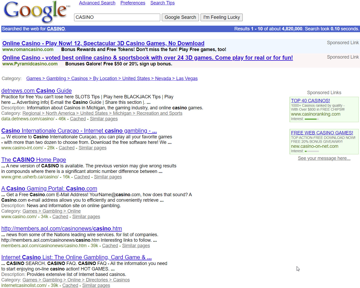 2001 Google search results with clear ad labeling and small ad units.